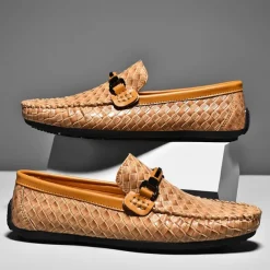 Men's Woven Leather Loafers - Stylish Buckle Slip-On Dress Shoes for Formal and Casual Occasions