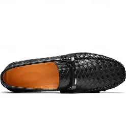 Men's Woven Leather Loafers - Stylish Buckle Slip-On Dress Shoes for Formal and Casual Occasions