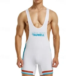 Men's Wrestling Suit Body Shaping Jumpsuit Shapewear Breathable Quick Dry High Stretch Summer Spring Polyester Outdoor Walking Jogging White Blue