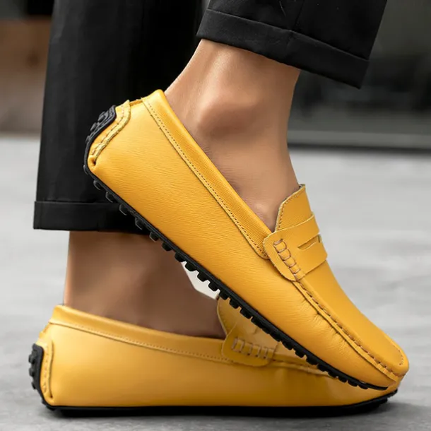 Men's Yellow Leather Slip-On Loafers - Comfortable Casual Driving Shoes