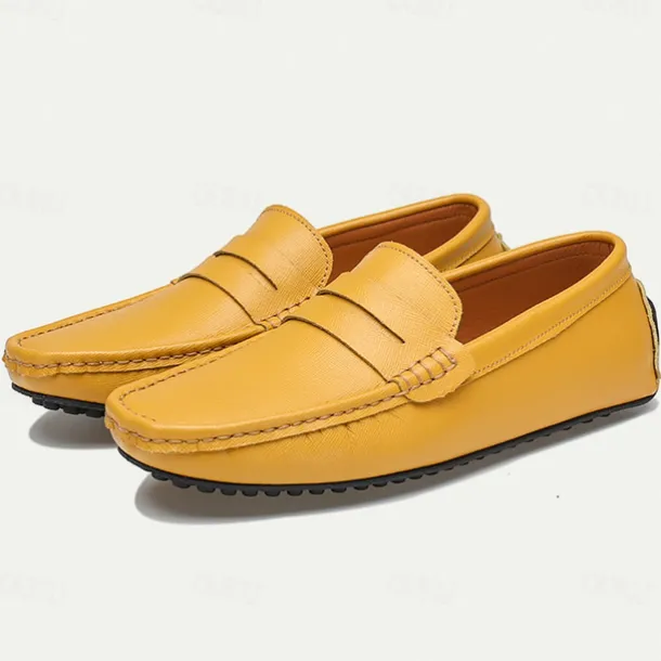 Men's Yellow Leather Slip-On Loafers - Comfortable Casual Driving Shoes