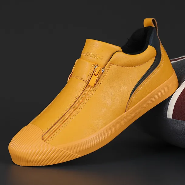 Men's Yellow Leather Slip-On Sneakers with Zipper Closure for Casual Wear