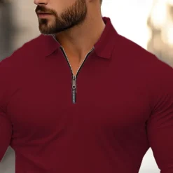 Men's Zip Polo Golf Shirt Work Casual Lapel Long Sleeve Basic Modern Plain Zipper Spring & Fall Regular Fit Navy-blue Black White Red Light Grey Zip Polo