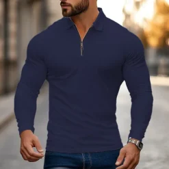 Men's Zip Polo Golf Shirt Work Casual Lapel Long Sleeve Basic Modern Plain Zipper Spring & Fall Regular Fit Navy-blue Black White Red Light Grey Zip Polo