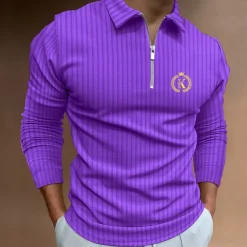 Men's Zip Polo Polo Shirt Outdoor Going out Turndown Quarter Zip Long Sleeve Sportswear Casual Solid Color Striped Patchwork Zipper Spring & Fall Slim Black White Yellow Wine Red Navy Blue Zip Polo