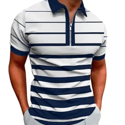 Men's Zip Polo Polo Shirt Casual Daily Quarter Zip Short Sleeve Fashion Basic Stripe Horizontal Stripes Zipper Summer Regular Fit White Yellow Red Navy Blue Brown Zip Polo
