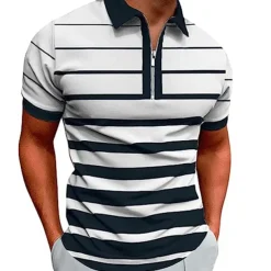 Men's Zip Polo Polo Shirt Casual Daily Quarter Zip Short Sleeve Fashion Basic Stripe Horizontal Stripes Zipper Summer Regular Fit White Yellow Red Navy Blue Brown Zip Polo