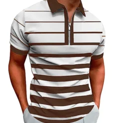 Men's Zip Polo Polo Shirt Casual Daily Quarter Zip Short Sleeve Fashion Basic Stripe Horizontal Stripes Zipper Summer Regular Fit White Yellow Red Navy Blue Brown Zip Polo