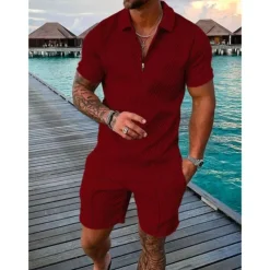 Men's Zip Polo Tee Set 2 Piece Summer Tracksuit Set Tee & Shorts Short Sleeve Polo Collar Casual Zip Up Casual Daily Lemon Pink Black Top Tee for Men