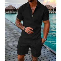 Men's Zip Polo Tee Set 2 Piece Summer Tracksuit Set Tee & Shorts Short Sleeve Polo Collar Casual Zip Up Casual Daily Lemon Pink Black Top Tee for Men