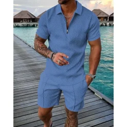 Men's Zip Polo Tee Set 2 Piece Summer Tracksuit Set Tee & Shorts Short Sleeve Polo Collar Casual Zip Up Casual Daily Lemon Pink Black Top Tee for Men