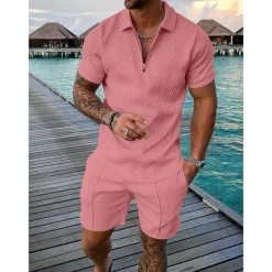 Men's Zip Polo Tee Set 2 Piece Summer Tracksuit Set Tee & Shorts Short Sleeve Polo Collar Casual Zip Up Casual Daily Lemon Pink Black Top Tee for Men