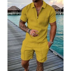 Men's Zip Polo Tee Set 2 Piece Summer Tracksuit Set Tee & Shorts Short Sleeve Polo Collar Casual Zip Up Casual Daily Lemon Pink Black Top Tee for Men