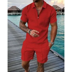 Men's Zip Polo Tee Set 2 Piece Summer Tracksuit Set Tee & Shorts Short Sleeve Polo Collar Casual Zip Up Casual Daily Lemon Pink Black Top Tee for Men
