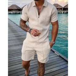 Men's Zip Polo Tee Set 2 Piece Summer Tracksuit Set Tee & Shorts Short Sleeve Polo Collar Casual Zip Up Casual Daily Lemon Pink Black Top Tee for Men