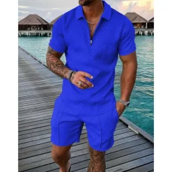 Men's Zip Polo Tee Set 2 Piece Summer Tracksuit Set Tee & Shorts Short Sleeve Polo Collar Casual Zip Up Casual Daily Lemon Pink Black Top Tee for Men