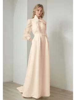 Mermaid / Trumpet Evening Gown Elegant Dress Formal Wedding Court Train Long Sleeve Shirt Collar Belt / Sash Organza with Bow(s)