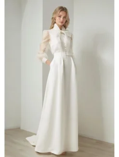 Mermaid / Trumpet Evening Gown Elegant Dress Formal Wedding Court Train Long Sleeve Shirt Collar Belt / Sash Organza with Bow(s)