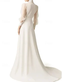 Mermaid / Trumpet Evening Gown Elegant Dress Formal Wedding Court Train Long Sleeve Shirt Collar Belt / Sash Organza with Bow(s)