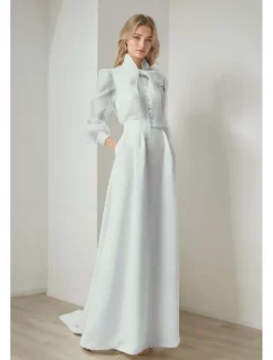 Mermaid / Trumpet Evening Gown Elegant Dress Formal Wedding Court Train Long Sleeve Shirt Collar Belt / Sash Organza with Bow(s)