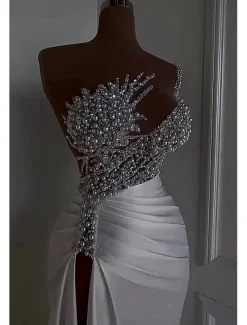 Mermaid / Trumpet Evening Gown Elegant Dress Carnival Masquerade Floor Length Sleeveless Off Shoulder Satin with Pearls Overskirt