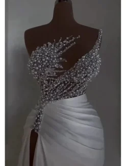 Mermaid / Trumpet Evening Gown Elegant Dress Carnival Masquerade Floor Length Sleeveless Off Shoulder Satin with Pearls Overskirt