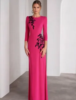 Mermaid / Trumpet Evening Gown Elegant Dress Formal Wedding Floor Length 3/4 Length Sleeve Jewel Neck Stretch Crepe with Embroidery Appliques