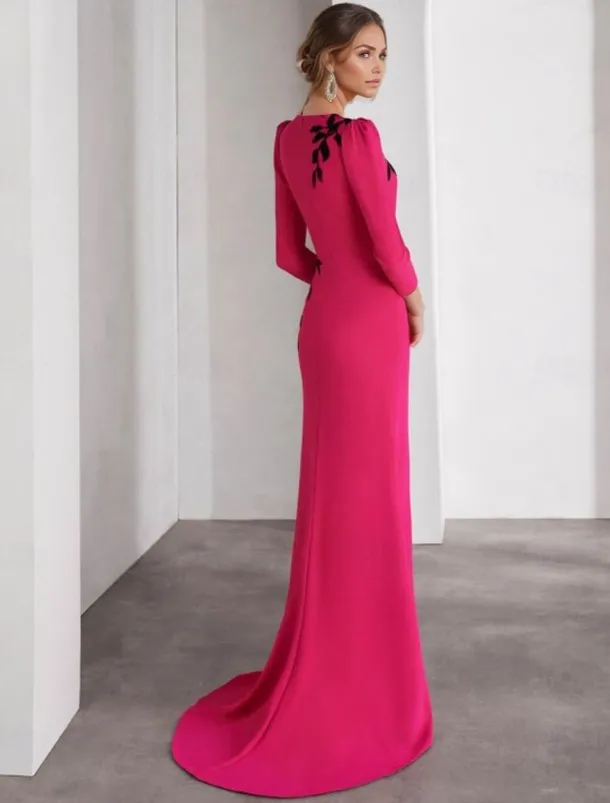 Mermaid / Trumpet Evening Gown Elegant Dress Formal Wedding Floor Length 3/4 Length Sleeve Jewel Neck Stretch Crepe with Embroidery Appliques