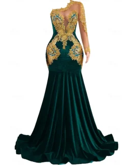 Mermaid / Trumpet Evening Gown Elegant Dress Formal Prom Court Train Long Sleeve One Shoulder Velvet with Pearls Appliques