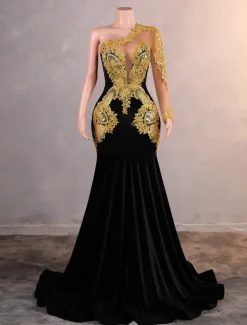 Mermaid / Trumpet Evening Gown Elegant Dress Formal Prom Court Train Long Sleeve One Shoulder Velvet with Pearls Appliques