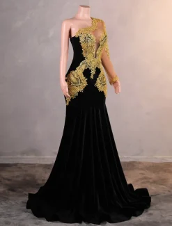 Mermaid / Trumpet Evening Gown Elegant Dress Formal Prom Court Train Long Sleeve One Shoulder Velvet with Pearls Appliques