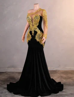 Mermaid / Trumpet Evening Gown Elegant Dress Formal Prom Court Train Long Sleeve One Shoulder Velvet with Pearls Appliques