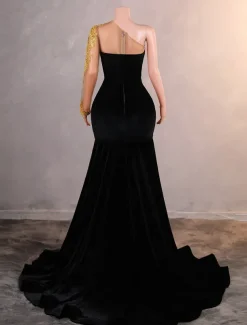 Mermaid / Trumpet Evening Gown Elegant Dress Formal Prom Court Train Long Sleeve One Shoulder Velvet with Pearls Appliques