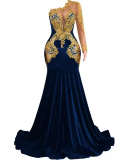 Mermaid / Trumpet Evening Gown Elegant Dress Formal Prom Court Train Long Sleeve One Shoulder Velvet with Pearls Appliques
