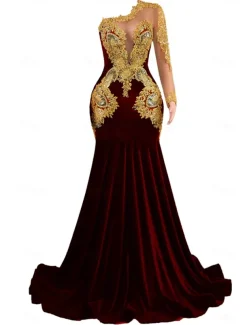 Mermaid / Trumpet Evening Gown Elegant Dress Formal Prom Court Train Long Sleeve One Shoulder Velvet with Pearls Appliques