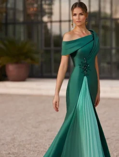 Mermaid / Trumpet Evening Gown Elegant Pleated Dress Formal Satin Wedding Floor Length Short Sleeve One Shoulder Slit Embroidery Appliques