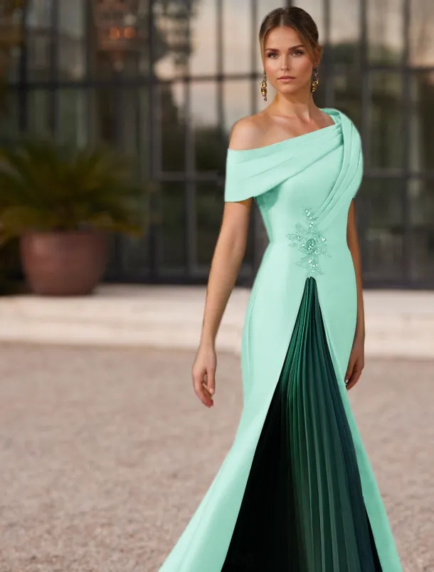Mermaid / Trumpet Evening Gown Elegant Pleated Dress Formal Satin Wedding Floor Length Short Sleeve One Shoulder Slit Embroidery Appliques