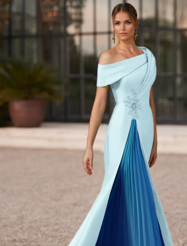 Mermaid / Trumpet Evening Gown Elegant Pleated Dress Formal Satin Wedding Floor Length Short Sleeve One Shoulder Slit Embroidery Appliques