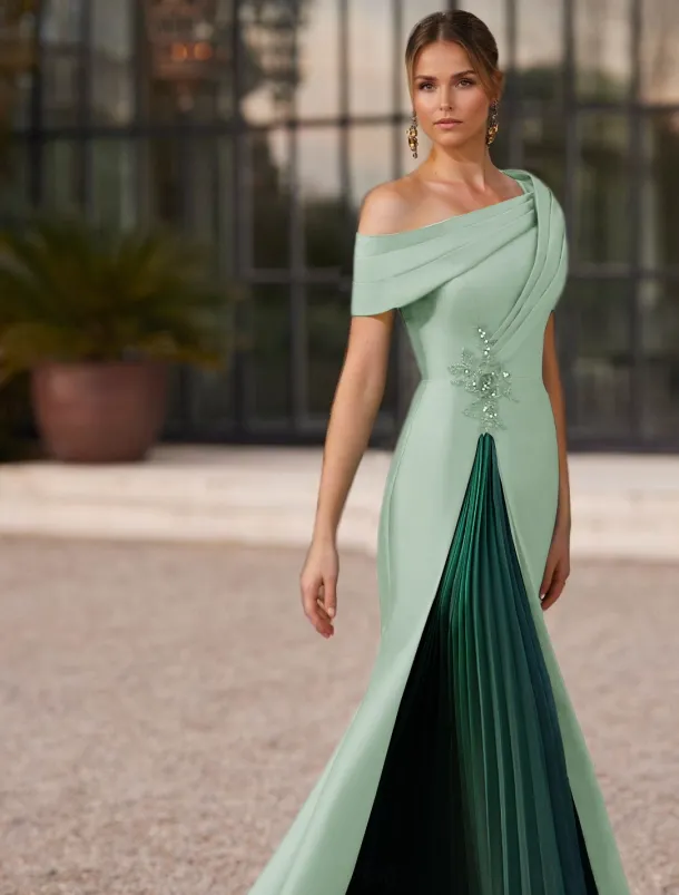 Mermaid / Trumpet Evening Gown Elegant Pleated Dress Formal Satin Wedding Floor Length Short Sleeve One Shoulder Slit Embroidery Appliques