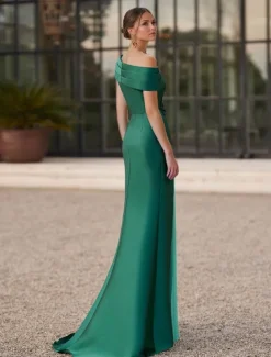 Mermaid / Trumpet Evening Gown Elegant Pleated Dress Formal Satin Wedding Floor Length Short Sleeve One Shoulder Slit Embroidery Appliques