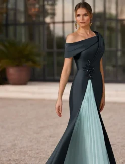 Mermaid / Trumpet Evening Gown Elegant Pleated Dress Formal Satin Wedding Floor Length Short Sleeve One Shoulder Slit Embroidery Appliques