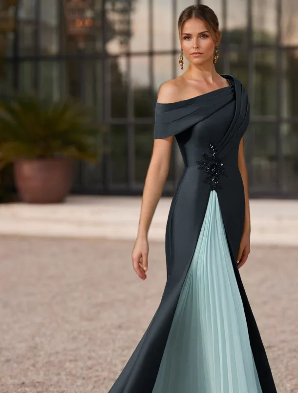 Mermaid / Trumpet Evening Gown Elegant Pleated Dress Formal Satin Wedding Floor Length Short Sleeve One Shoulder Slit Embroidery Appliques