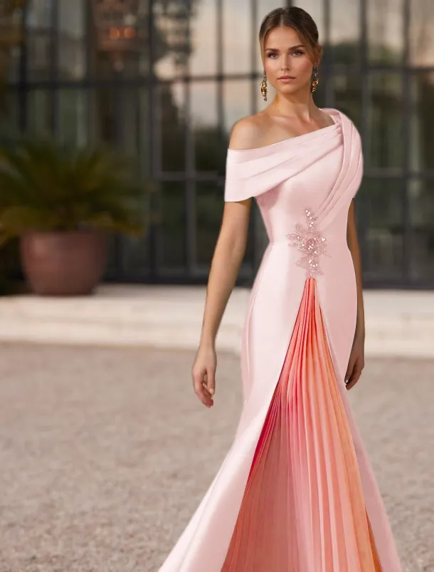 Mermaid / Trumpet Evening Gown Elegant Pleated Dress Formal Satin Wedding Floor Length Short Sleeve One Shoulder Slit Embroidery Appliques