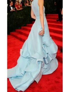 Mermaid / Trumpet Gala Dress GownCarpet Dress Formal Dress Wedding Court Train Mock Neck Satin with Ruffles Covered Buttons