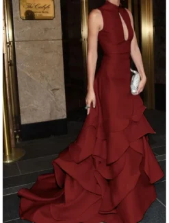 Mermaid / Trumpet Gala Dress GownCarpet Dress Formal Dress Wedding Court Train Mock Neck Satin with Ruffles Covered Buttons