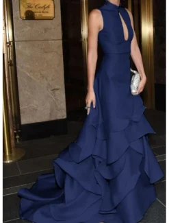 Mermaid / Trumpet Gala Dress GownCarpet Dress Formal Dress Wedding Court Train Mock Neck Satin with Ruffles Covered Buttons