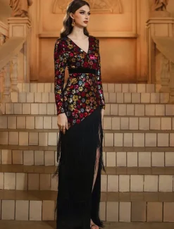 Mermaid / Trumpet Party Dresses Elegant Dress Formal Wedding Floor Length Long Sleeve V Neck Sequined with Tassel Slit