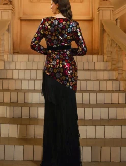 Mermaid / Trumpet Party Dresses Elegant Dress Formal Wedding Floor Length Long Sleeve V Neck Sequined with Tassel Slit