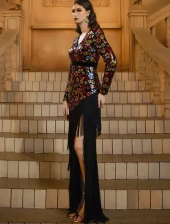 Mermaid / Trumpet Party Dresses Elegant Dress Formal Wedding Floor Length Long Sleeve V Neck Sequined with Tassel Slit