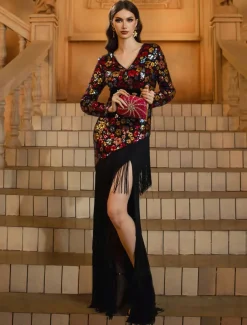 Mermaid / Trumpet Party Dresses Elegant Dress Formal Wedding Floor Length Long Sleeve V Neck Sequined with Tassel Slit